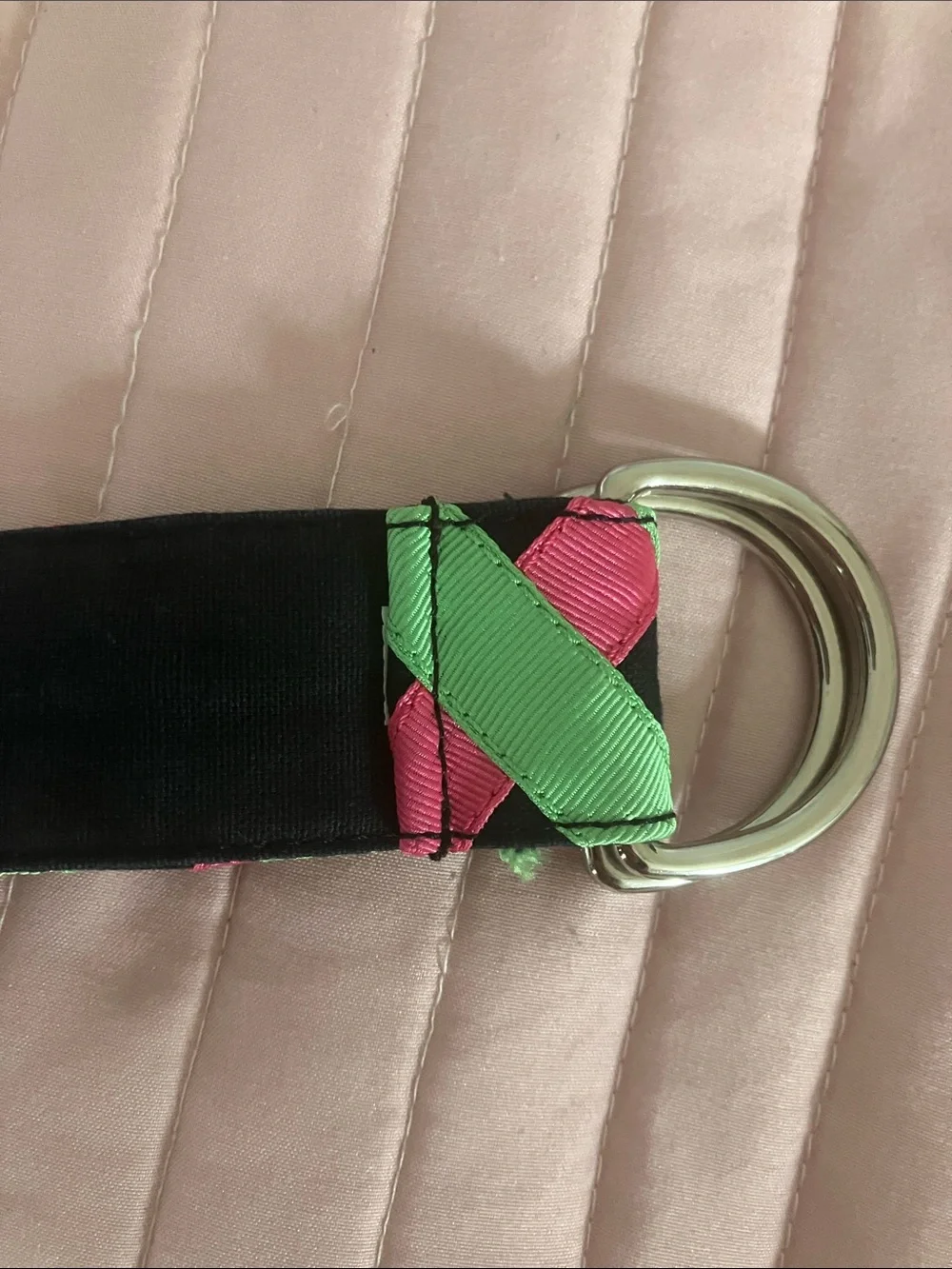 Super preppy green & pink grosgrain ribbon belt M